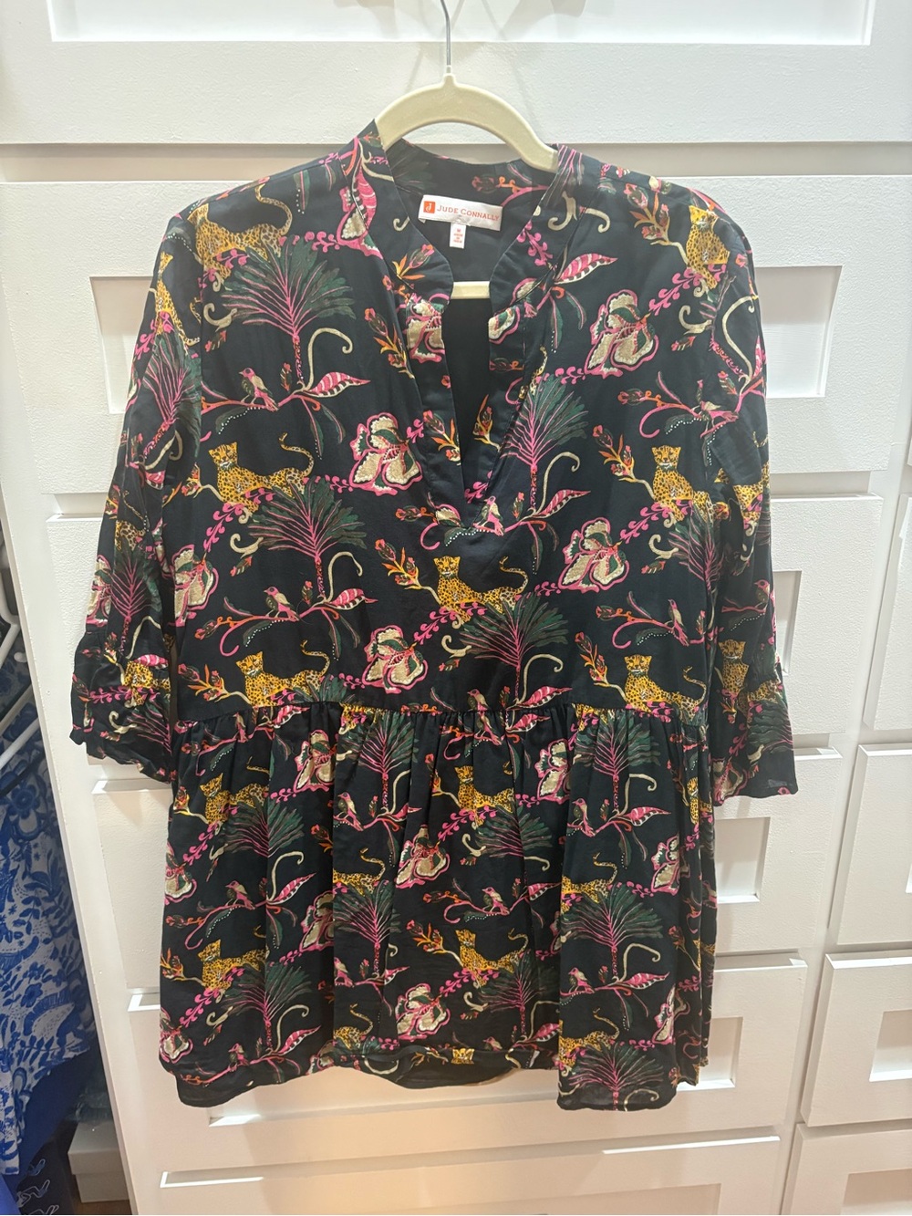 Jude Connally Black Tunic Dress with Pink & Yellow Floral and Leopard Motif
